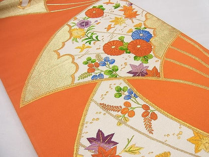 平和屋着物■六通柄袋帯 唐織 扇面菊花鳥文 金糸 鈴乃屋扱い 逸品 n-gt2623