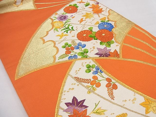 平和屋着物■六通柄袋帯 唐織 扇面菊花鳥文 金糸 鈴乃屋扱い 逸品 n-gt2623