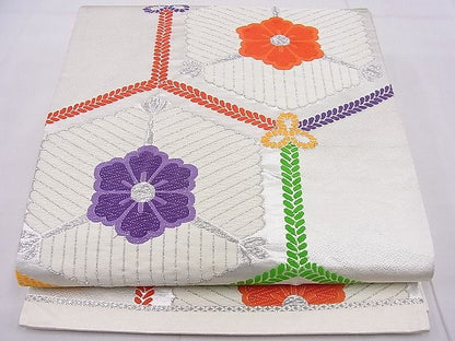 平和屋着物■六通柄袋帯 唐織 若松葉亀甲花文 銀糸 逸品 n-je3052