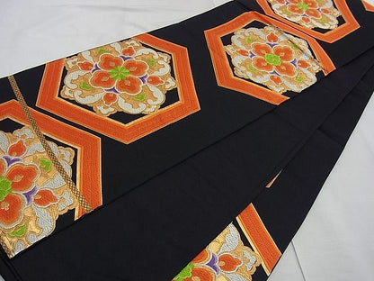 平和屋着物■六通柄袋帯 唐織 亀甲正倉院花文 黒地 金銀糸 逸品 n-kg2501