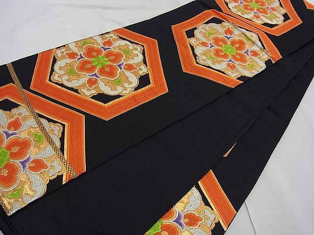 平和屋着物■六通柄袋帯 唐織 亀甲正倉院花文 黒地 金銀糸 逸品 n-kg2501