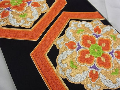 平和屋着物■六通柄袋帯 唐織 亀甲正倉院花文 黒地 金銀糸 逸品 n-kg2501