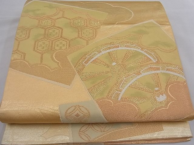平和屋着物■六通柄袋帯 唐織 雲取り色紙重ね源氏車吉祥文 金糸 逸品 n-mz5242