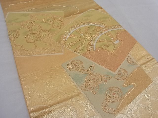 平和屋着物■六通柄袋帯 唐織 雲取り色紙重ね源氏車吉祥文 金糸 逸品 n-mz5242
