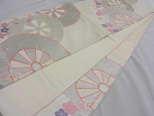平和屋着物□六通柄袋帯 唐織 源氏車梅花文 銀糸 逸品 n-