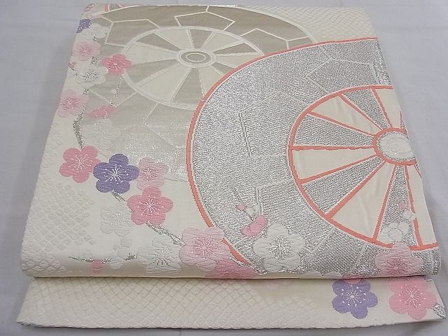 平和屋着物□六通柄袋帯 唐織 源氏車梅花文 銀糸 逸品 n-
