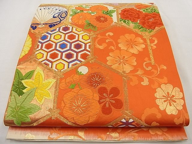 平和屋着物■六通柄袋帯 唐織 亀甲吉祥花唐草文 金銀糸 逸品 n-ne1645