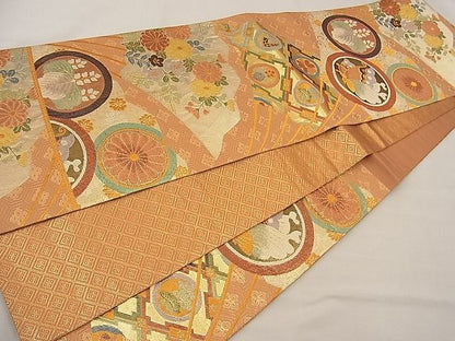 平和屋着物■佐賀錦 六通柄袋帯 扇面花蝶丸文 金糸 逸品 n-ne1923