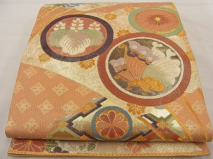 平和屋着物■佐賀錦 六通柄袋帯 扇面花蝶丸文 金糸 逸品 n-ne1923