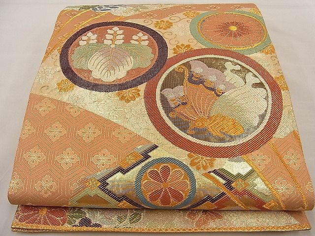 平和屋着物■佐賀錦 六通柄袋帯 扇面花蝶丸文 金糸 逸品 n-ne1923