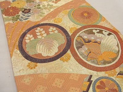 平和屋着物■佐賀錦 六通柄袋帯 扇面花蝶丸文 金糸 逸品 n-ne1923