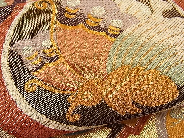平和屋着物□佐賀錦 六通柄袋帯 扇面花蝶丸文 金糸 逸品