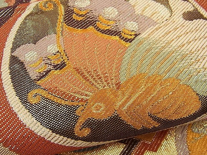 平和屋着物■佐賀錦 六通柄袋帯 扇面花蝶丸文 金糸 逸品 n-ne1923