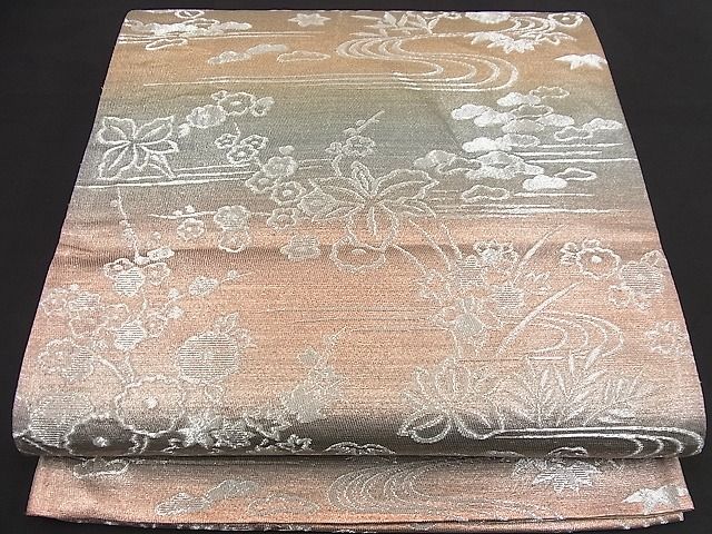 平和屋着物■六通柄袋帯 流水草花文 銀糸 逸品 n-nr0319