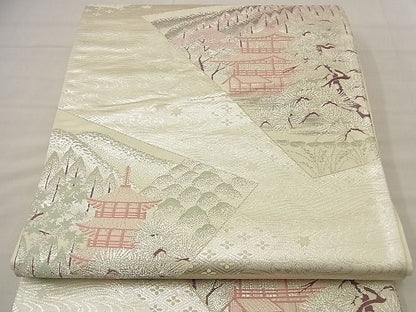平和屋着物■六通柄袋帯 名所風景 プラチナ純銀箔二重織 逸品 n-nr0353