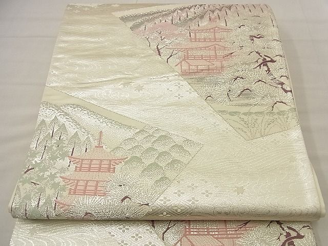 平和屋着物■六通柄袋帯 名所風景 プラチナ純銀箔二重織 逸品 n-nr0353