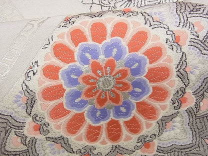 平和屋着物■六通柄袋帯 唐織 琴錦 孔雀羽吉祥花文 プラチナ銀二重織 逸品 n-rv0047