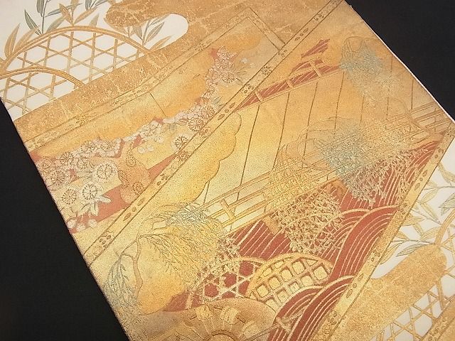 平和屋着物■太鼓柄袋帯 立波吉祥渡橋花文 金彩 逸品 n-rv0049