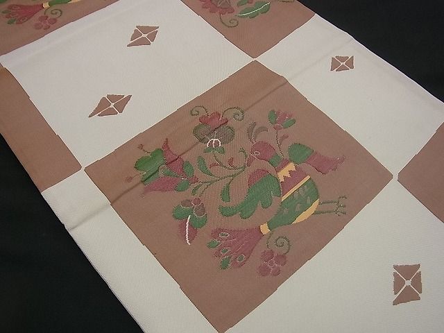 平和屋着物■六通柄袋帯 市松花鳥文 雲母 逸品 n-rv0094