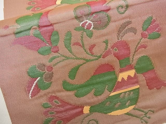 平和屋着物■六通柄袋帯 市松花鳥文 雲母 逸品 n-rv0094