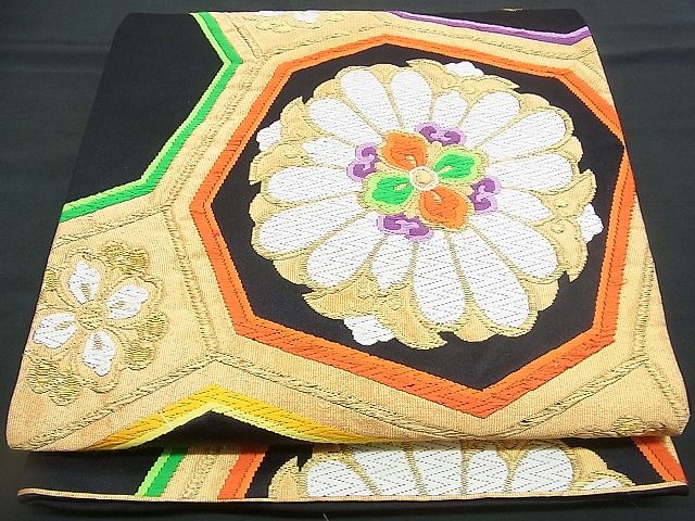 平和屋着物■六通柄袋帯 唐織 蜀江花文 黒地 金糸 逸品 n-rv0097