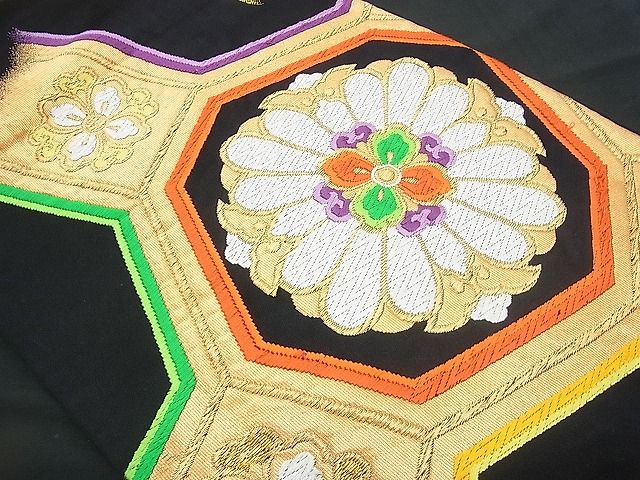 平和屋着物■六通柄袋帯 唐織 蜀江花文 黒地 金糸 逸品 n-rv0097