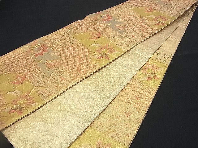 平和屋着物■六通柄袋帯 ふくれ織 横段吉祥更紗花唐草文 金糸 逸品 n-rv0336