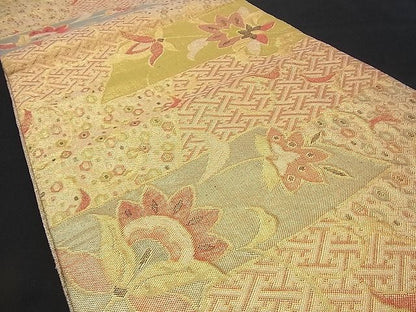 平和屋着物■六通柄袋帯 ふくれ織 横段吉祥更紗花唐草文 金糸 逸品 n-rv0336
