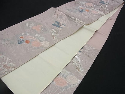 平和屋着物■六通柄袋帯 唐織 尾長鳥扇面花文 銀糸 逸品 n-rv0342