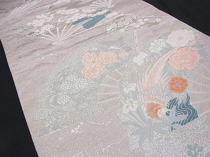 平和屋着物■六通柄袋帯 唐織 尾長鳥扇面花文 銀糸 逸品 n-rv0342