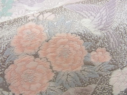 平和屋着物■六通柄袋帯 唐織 尾長鳥扇面花文 銀糸 逸品 n-rv0342
