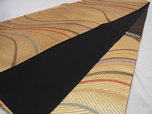 平和屋着物■六通柄袋帯 唐織 流線文 黒地 金糸 逸品 n-sa2575