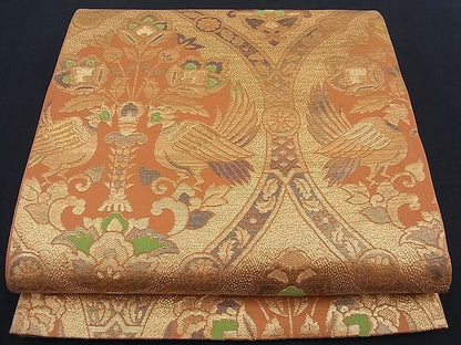 平和屋着物■六通柄袋帯 向かい鳥吉祥花文 金糸 逸品 n-th1288