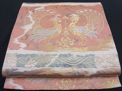 平和屋着物■六通柄袋帯 ふくれ織 向かい孔雀吉祥花文 金銀糸 逸品 n-th1297