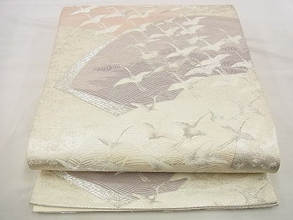 平和屋着物■六通柄袋帯 地紙重ね飛鶴文 銀糸 逸品 n-up0160