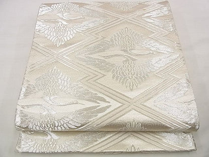 平和屋着物■六通柄袋帯 唐織 松皮菱双鶴文 銀糸 逸品 n-up0218