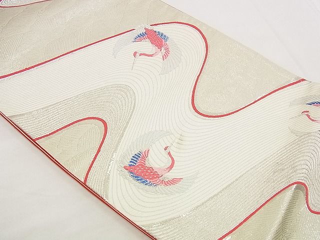 平和屋着物■六通柄袋帯 唐織 流水飛鶴文 銀糸 逸品 n-up0237
