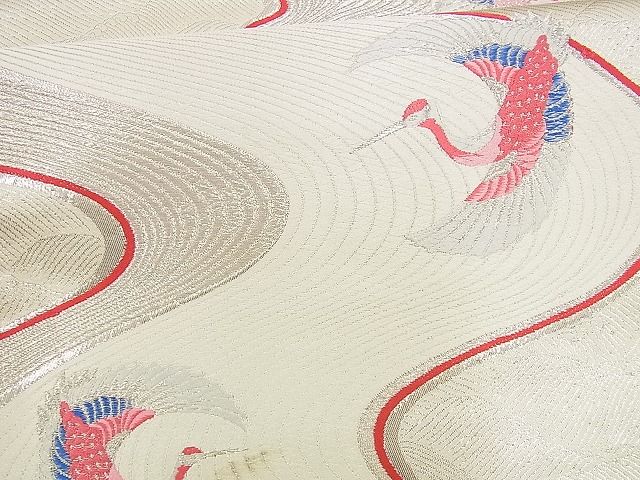 平和屋着物■六通柄袋帯 唐織 流水飛鶴文 銀糸 逸品 n-up0237