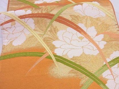 平和屋着物■六通柄袋帯 唐織 芝草牡丹文 金糸 逸品 n-vz0893