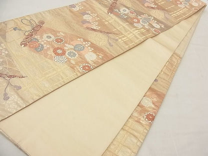 平和屋着物■六通柄袋帯 唐織 吉祥花絵巻文 金糸 逸品 n-wb2054