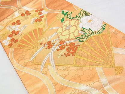 平和屋着物■六通柄袋帯 唐織 立涌扇面牡丹花文 金糸 逸品 n-yc4038