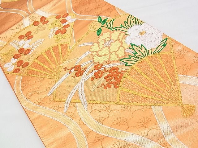 平和屋着物■六通柄袋帯 唐織 立涌扇面牡丹花文 金糸 逸品 n-yc4038