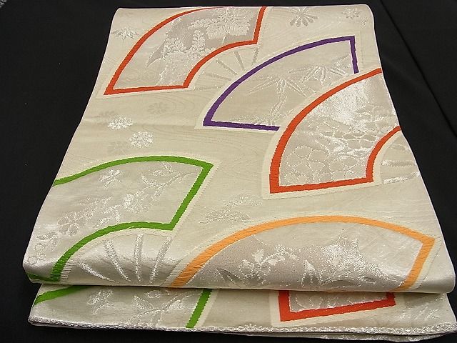 平和屋着物■西陣 六通柄袋帯 唐織 流水扇面草花文 銀糸 逸品 n-ne0665