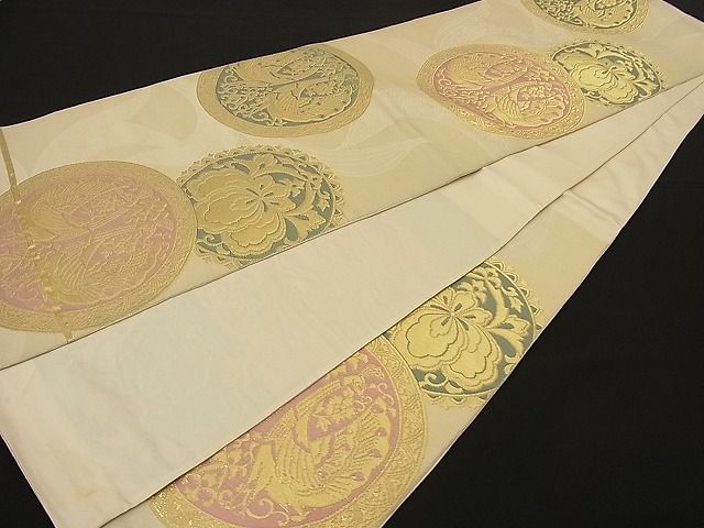 平和屋着物■六通柄袋帯 向かい孔雀花丸文 金糸 逸品 n-ne1065