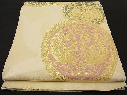 平和屋着物■六通柄袋帯 向かい孔雀花丸文 金糸 逸品 n-ne1065