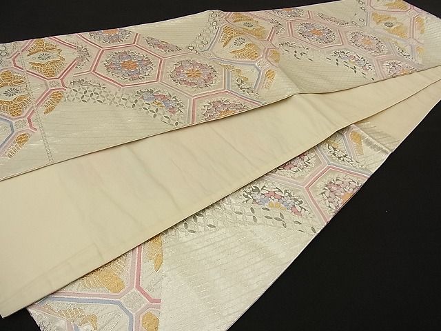 平和屋着物■六通柄袋帯 唐織 向かい鶴有職花文 プラチナ箔 二重織 逸品 n-ne1407