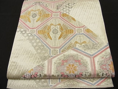 平和屋着物■六通柄袋帯 唐織 向かい鶴有職花文 プラチナ箔 二重織 逸品 n-ne1407