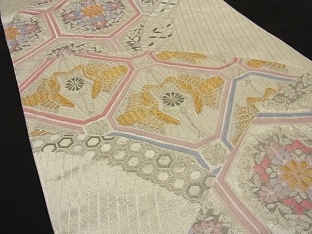 平和屋着物■六通柄袋帯 唐織 向かい鶴有職花文 プラチナ箔 二重織 逸品 n-ne1407
