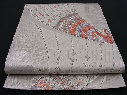 平和屋着物■六通柄袋帯 唐織 彩錦九百 孔雀文 プラチナ箔 銀糸 逸品 n-nr0014