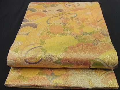 平和屋着物■七彩佐賀錦 六通柄袋帯 檜扇吉祥青海波花文 金糸 逸品 n-nr0088